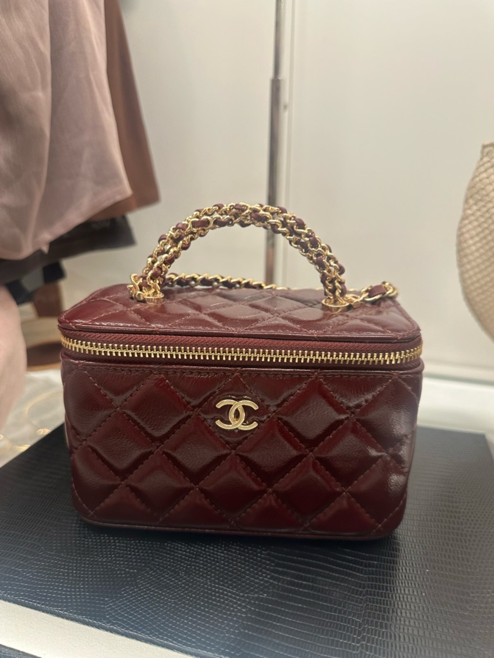 Burgundy Quilted Vanity Mini Bag with Gold Hardware